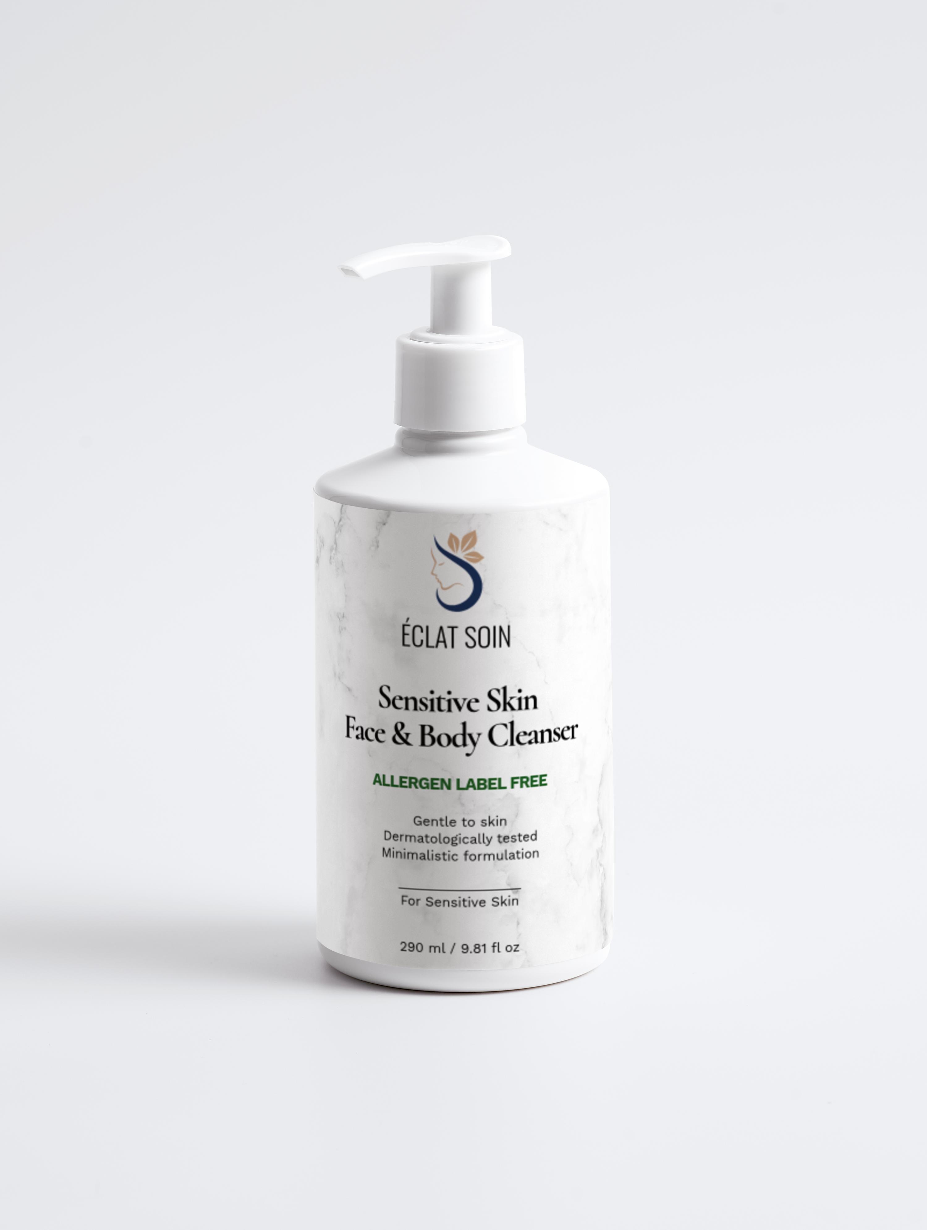 Eclat Soin Sensitive Skin Face & Body Cleanser in a pump bottle for gentle skin care